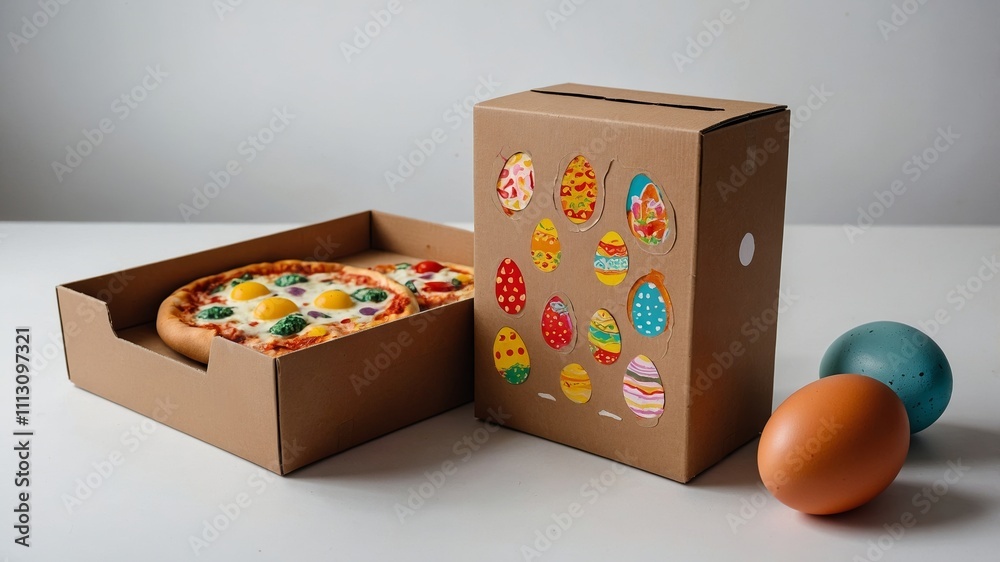 Obraz premium Easter cardboard box with pizza and painted eggs