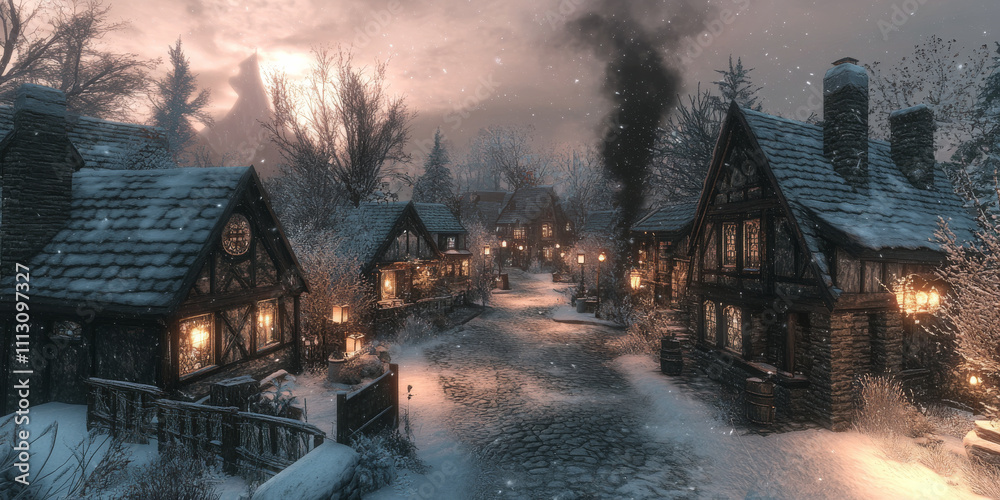 Obraz premium A serene winter village at twilight with snow-covered rooftops, glowing lanterns lining the streets, and smoke curling from chimneys. The peaceful and festive setting feels cozy.