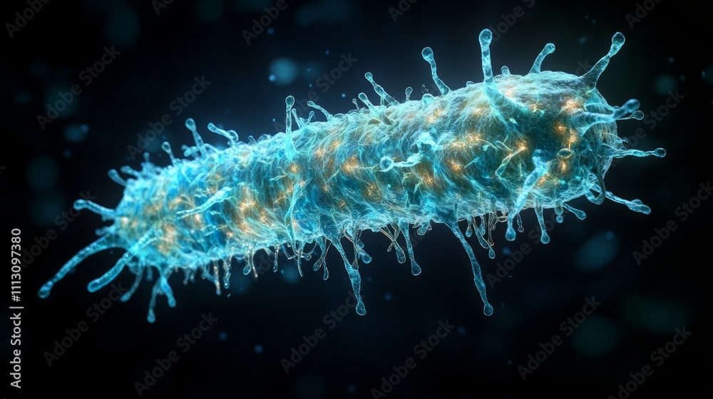 Microscopic view of a vibrant blue bacterium with numerous appendages against a dark background. Microscopic view of a vibrant blue bacterium with numerous appendages against a dark background.