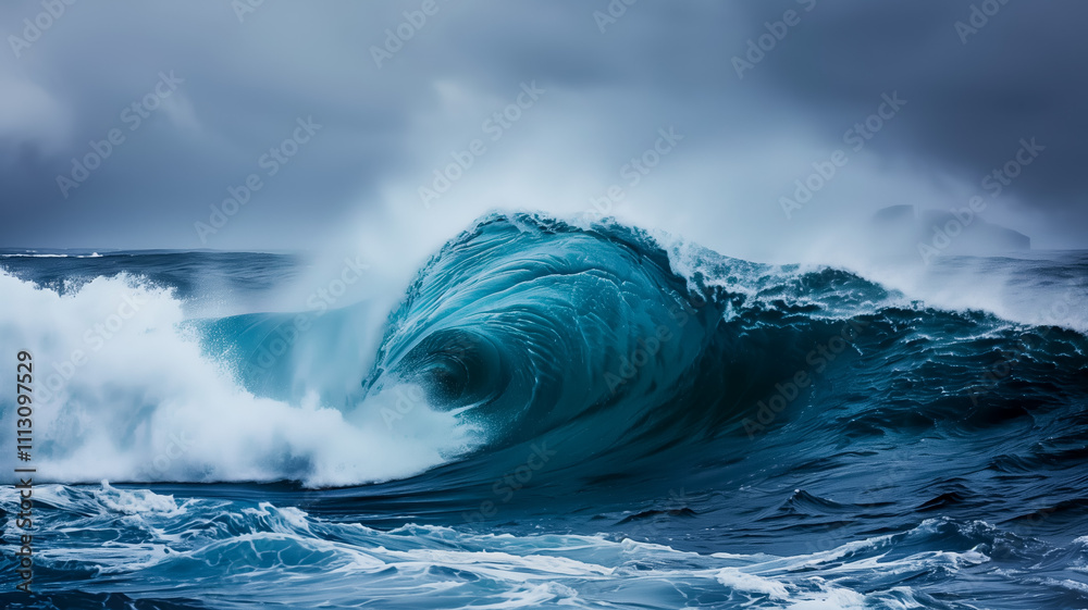 Large ocean wave crashing with powerful energy under stormy skies Large ocean wave crashing with powerful energy under stormy skies