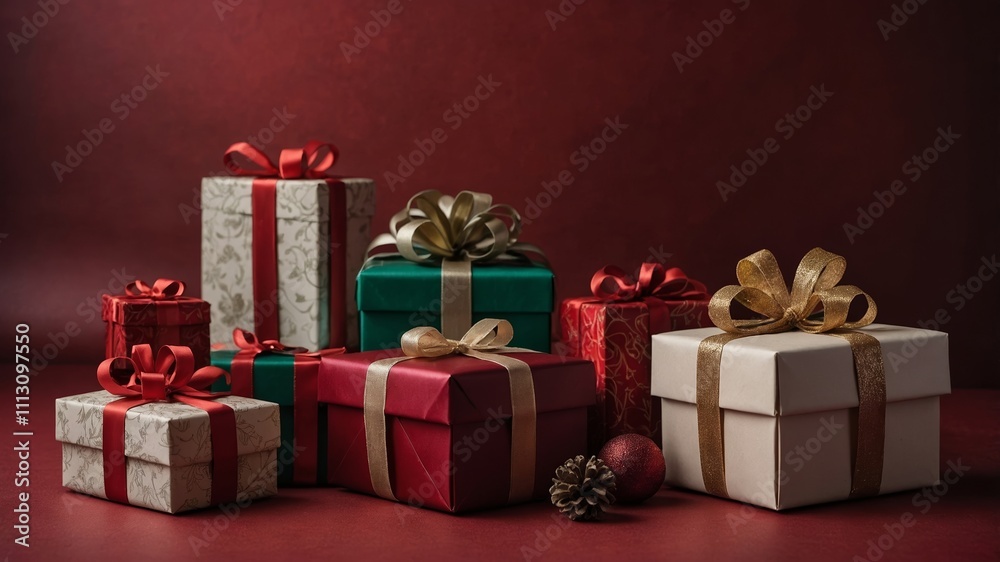 Elegant gift boxes on festive red background