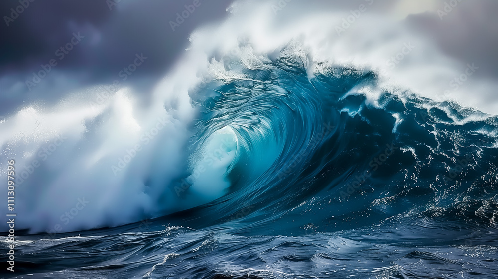 Powerful ocean wave crashing with intense force and spray Powerful ocean wave crashing with intense force and spray