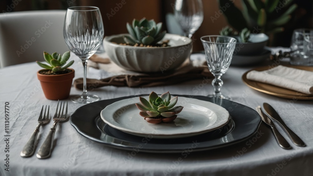 Elegant table setting with ceramic plate and succulent Elegant table setting with ceramic plate and succulent