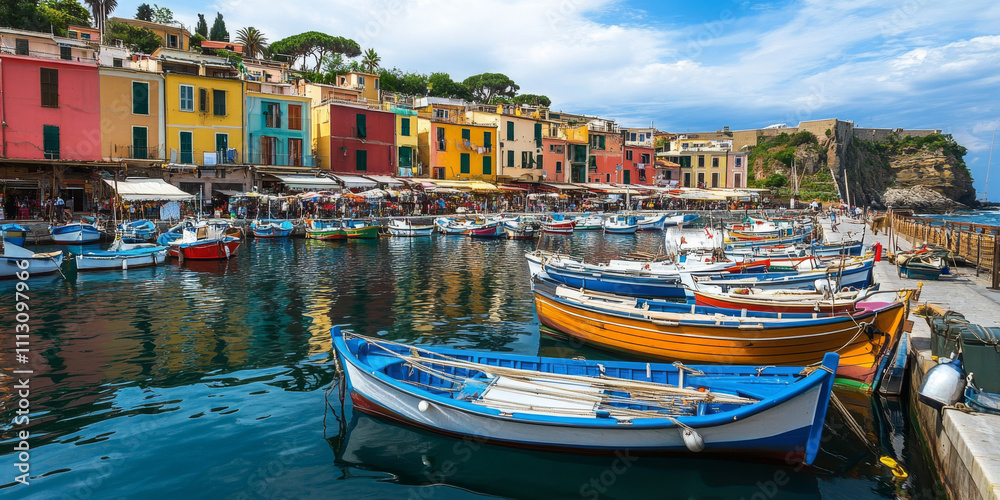 Fototapeta premium A bustling coastal fishing village with colorful boats in the harbor, fishermen repairing nets, and fresh seafood displayed on market stalls. The lively setting highlights maritime tradition.