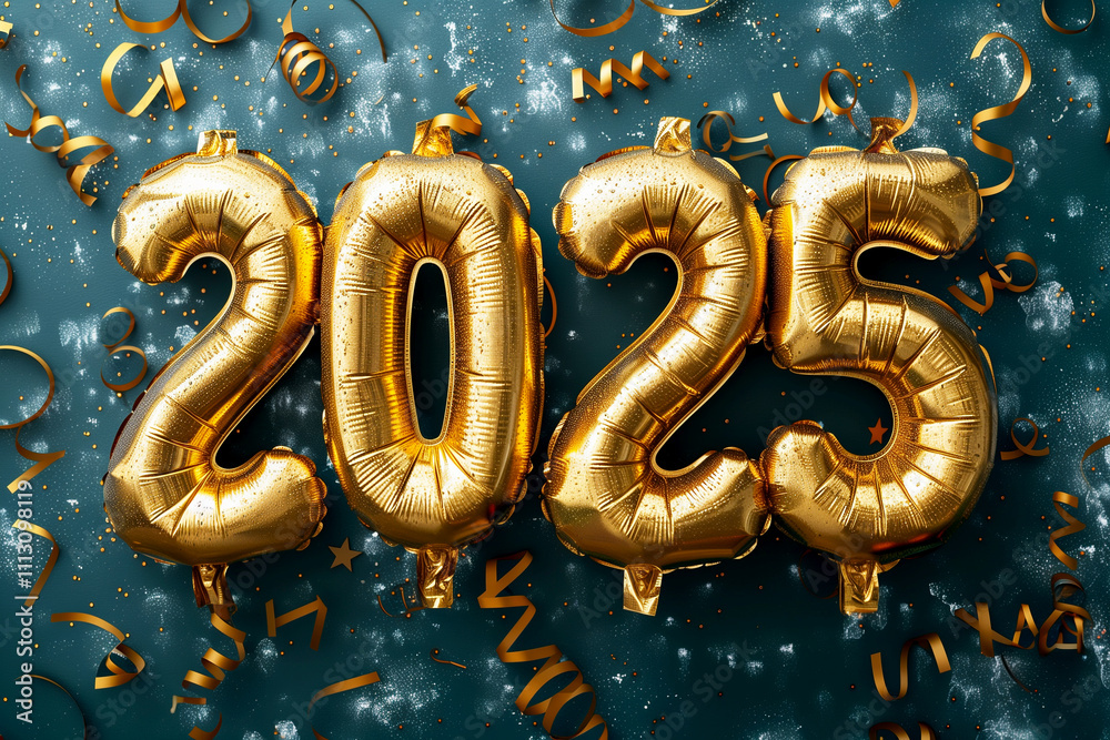 Golden foil balloons display number 2025 on dark surface symbolizing beginning of New Year Golden foil balloons display number 2025 on dark surface symbolizing beginning of New Year