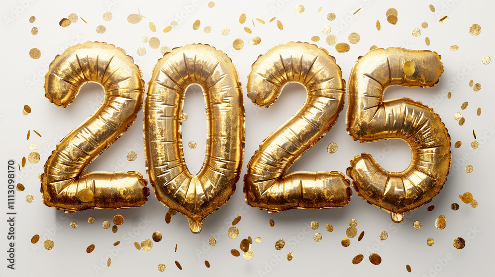 Golden foil balloons display number 2025 on white surface symbolizing beginning of New Year Golden foil balloons display number 2025 on white surface symbolizing beginning of New Year
