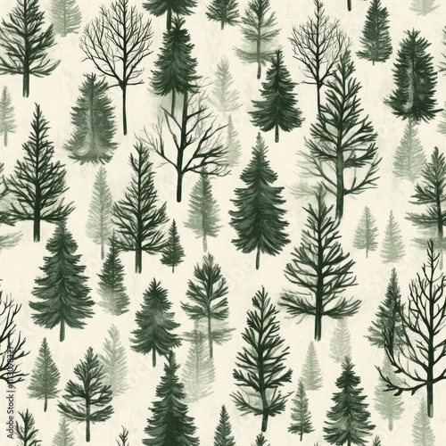 Seamless Forest Pattern with Pine Trees