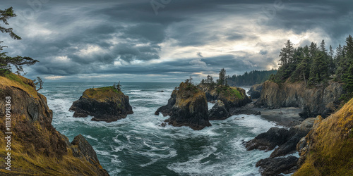 A dramatic cliffside vista with rugged rocks, crashing waves below, and a distant view of the ocean under a cloudy sky. The raw and powerful scene feels exhilarating.