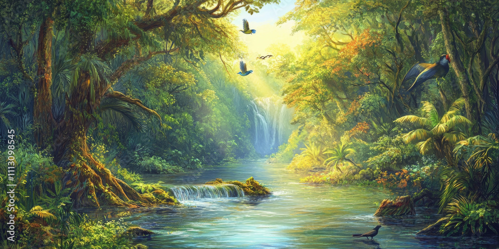 A tranquil river winding through a dense rainforest, with sunlight streaming through the canopy and exotic birds flying above. The lush and serene setting feels untouched. A tranquil river winding through a dense rainforest, with sunlight streaming through the canopy and exotic birds flying above. The lush and serene setting feels untouched.