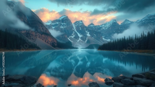 Serene Moraine Lake nestled in Banff National Park. Majestic mountains reflect peacefully on calm turquoise water. Misty sunrise paints sky with warm hues. Silent forests line shore. Picture perfect photo