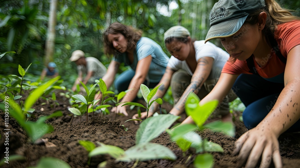 Volunteers planting saplings in a lush, tropical forest environment. Volunteers planting saplings in a lush, tropical forest environment.