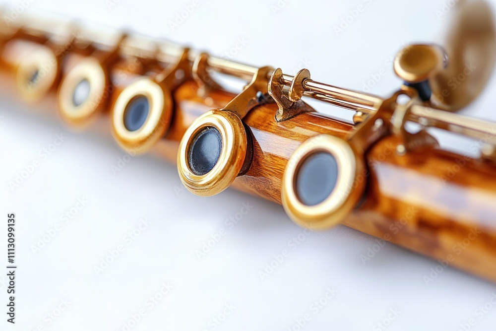 Fototapeta premium Close-up of a wooden flute's keys and body, showcasing intricate detail and craftsmanship.