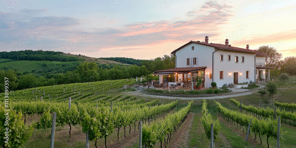A serene hillside vineyard in Tuscany with rows of grapevines, a rustic farmhouse, and a soft sunset casting warm light over the landscape. The tranquil setting embodies Italian charm. A serene hillside vineyard in Tuscany with rows of grapevines, a rustic farmhouse, and a soft sunset casting warm light over the landscape. The tranquil setting embodies Italian charm.