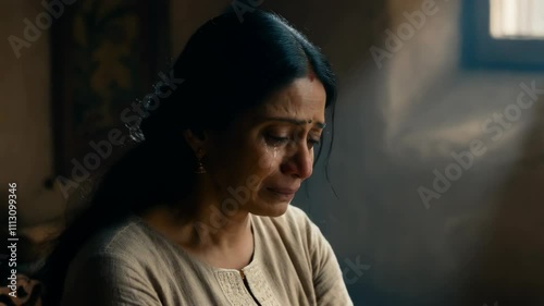 A South Asian woman sits quietly with tears in her eyes, lost in thought within a softly lit room, conveying deep emotions