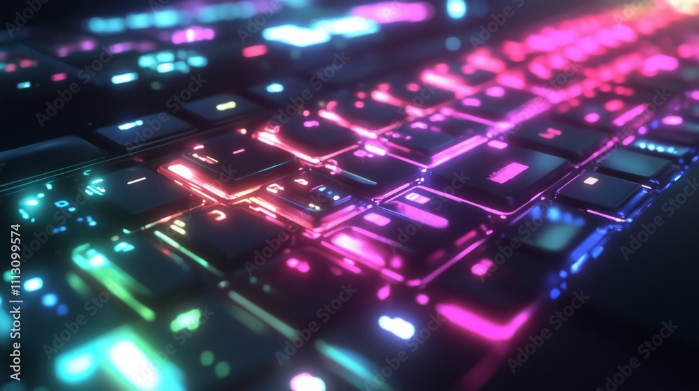 Fototapeta premium A sleek keyboard glows in ambient light, showcasing vibrant keys in a high-tech workspace.