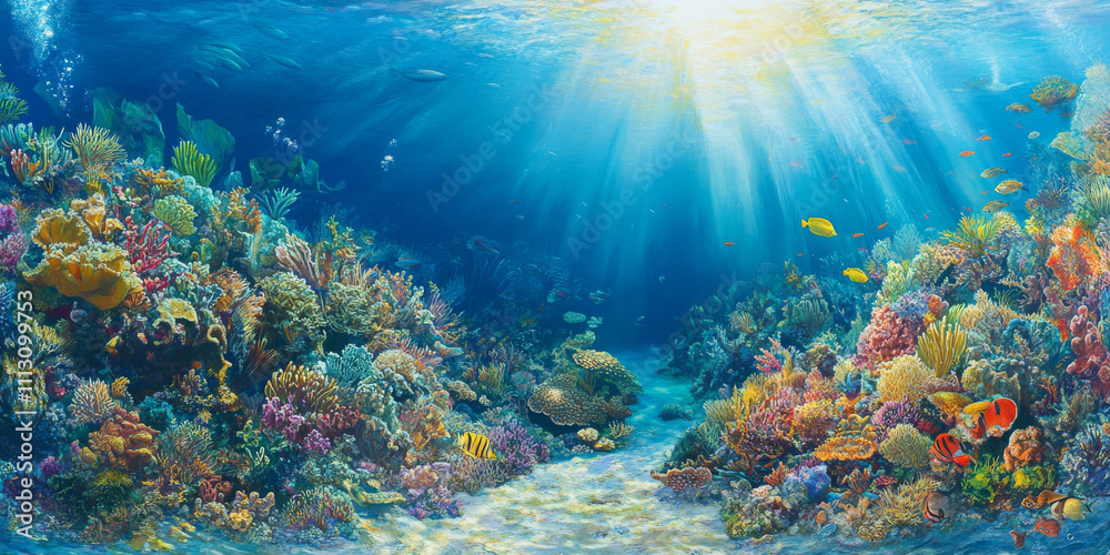 Fototapeta premium A vibrant underwater reef teeming with colorful coral, tropical fish, and sunlight streaming through the water's surface. The lively and biodiverse scene captures marine beauty.