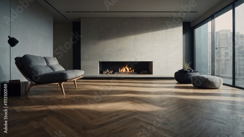 Minimal room interior featuring elegant fishbone flooring