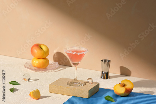 Refreshing Peach Cocktail with Fresh Ingredients on Table photo