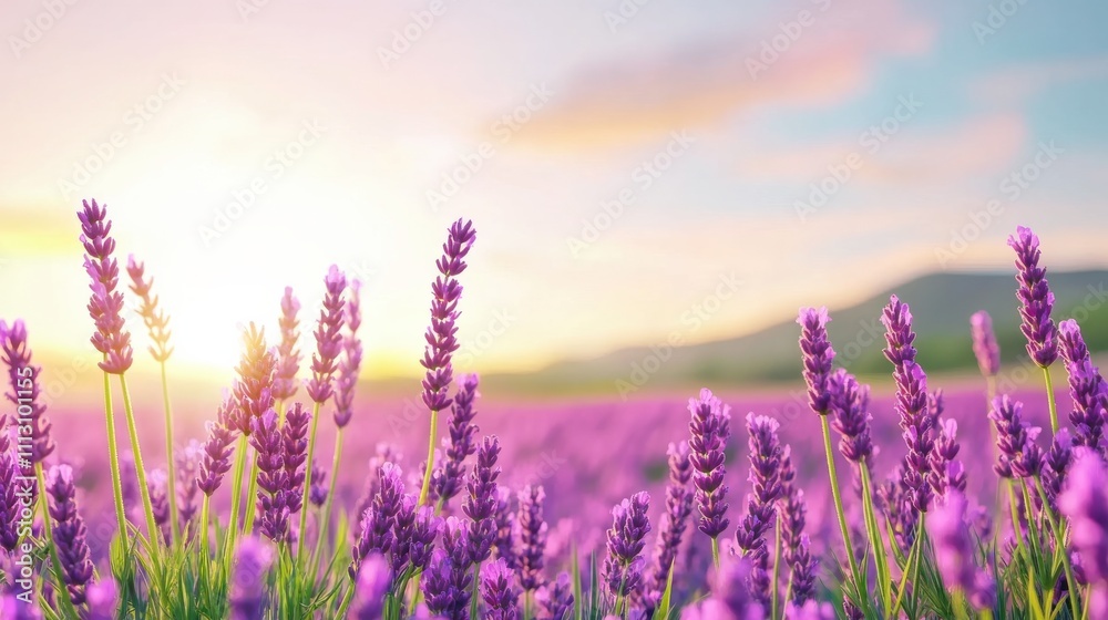 Fototapeta premium Sunset Over Lavender Fields Stretching to the Horizon