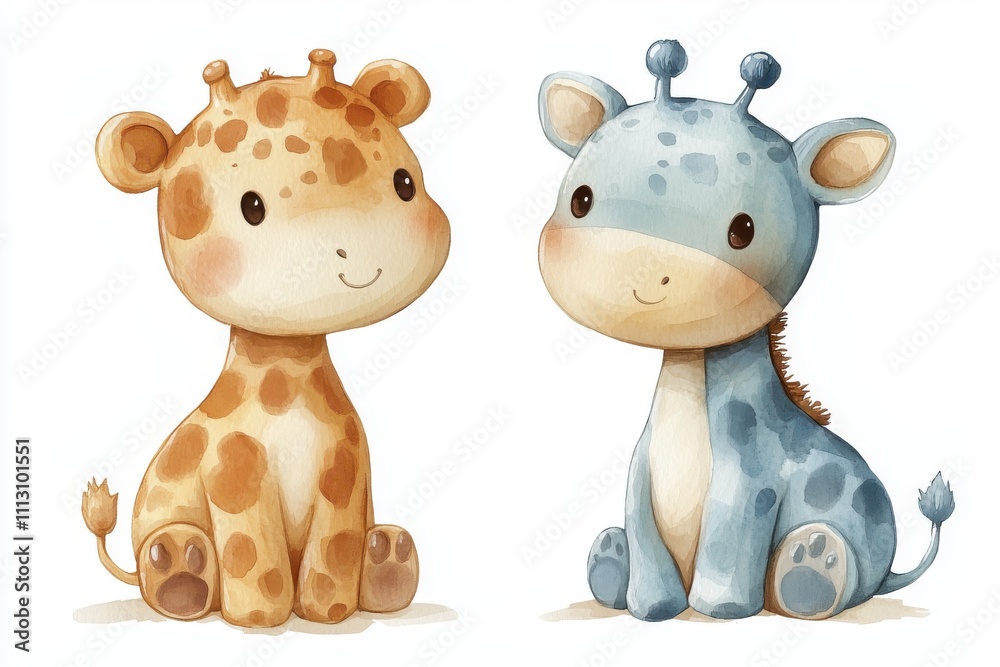 Two cute cartoon giraffes, one orange and one blue, sitting and smiling. Two cute cartoon giraffes, one orange and one blue, sitting and smiling.