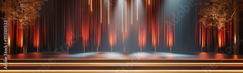 A stage setup with dramatic lighting and curtains, ready for a performance or event.