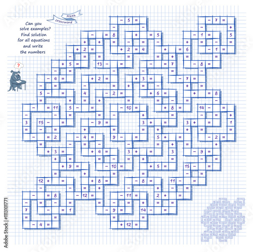 Mathematical crossword. Can you solve examples? Find solution for all equations and write numbers. Brain teaser book. Logic puzzle on addition, multiplication, division and subtraction. Vector image.