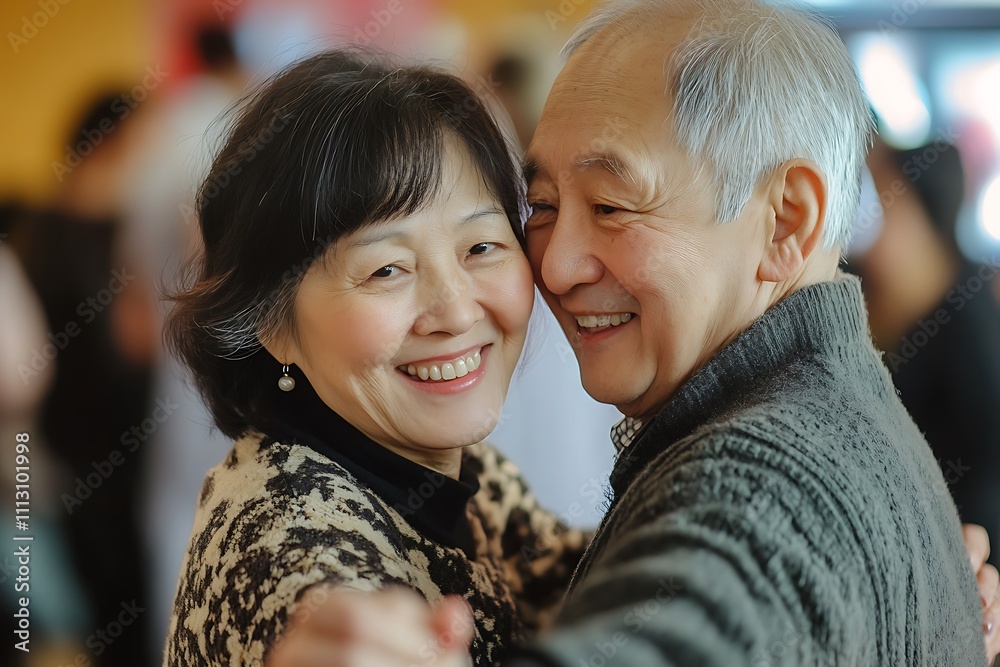 Happy elderly asian couple dancing together and smiling Happy elderly asian couple dancing together and smiling