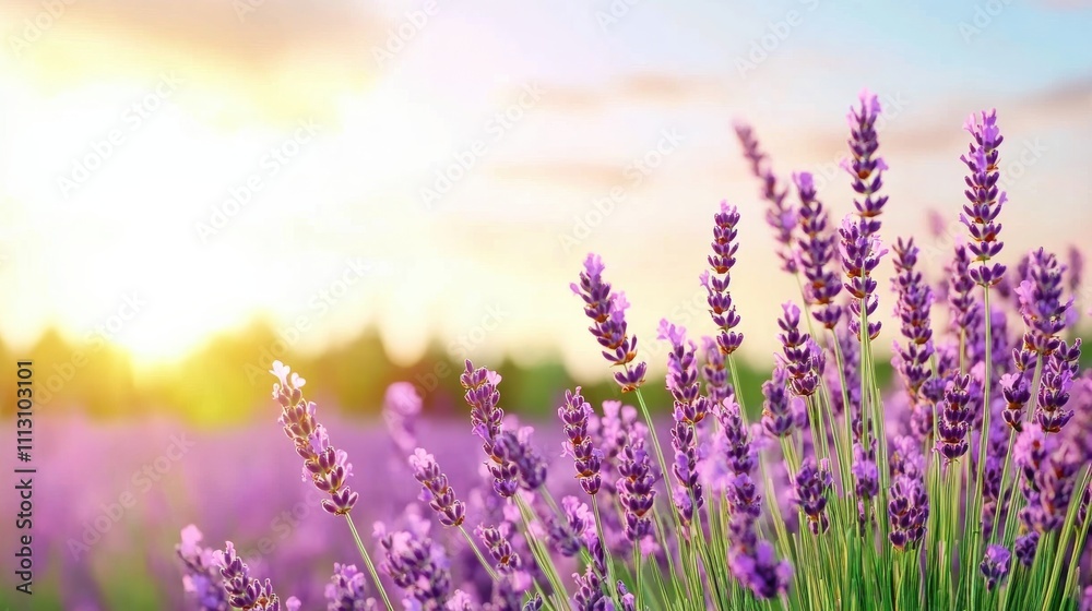 Naklejka premium Serene Lavender Fields Under a Vibrant Sunset