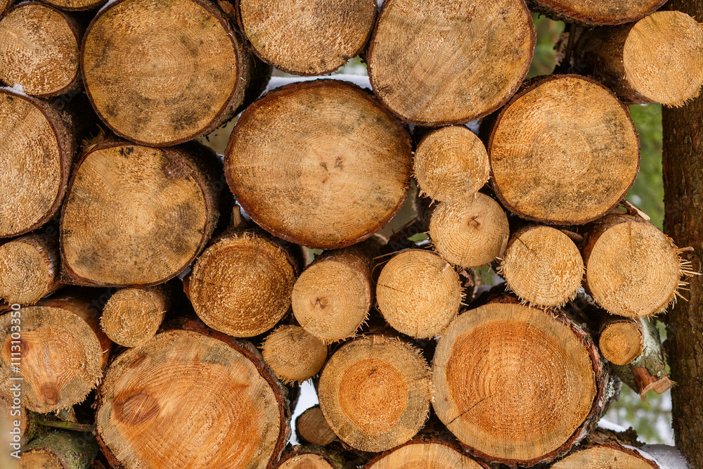 The cut trees and wood are stacked evenly and beautifully. natural wood for burning in the furnace The cut trees and wood are stacked evenly and beautifully. natural wood for burning in the furnace
