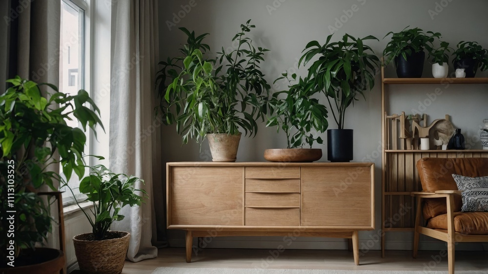Fototapeta premium Scandinavian style interior featuring wooden cabinet and plants