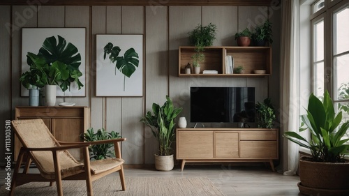 Scandinavian style interior featuring wooden cabinet and plants