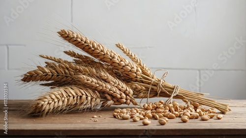 Shavuot celebration wheat bouquet on wooden table photo