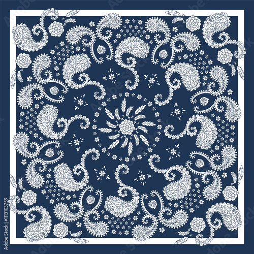 Blue and white scarf or bandana design with paisley mandala pattern and floral elements. Ethnic monochrome carpet design.