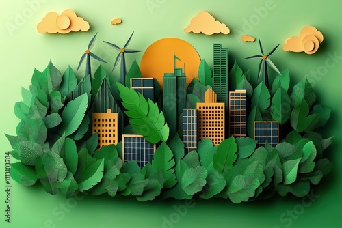 Eco friendly city with green energy. Buildings, windmills surrounded by green leaves. Illustration shows sustainable future with solar panels. Art style paper cutouts. Cityscape blends with nature. photo