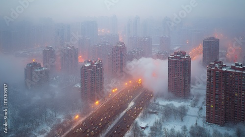 A busy urban highway filled with traffic and smog emphasizes the need for sustainable transportation to combat climate change. photo