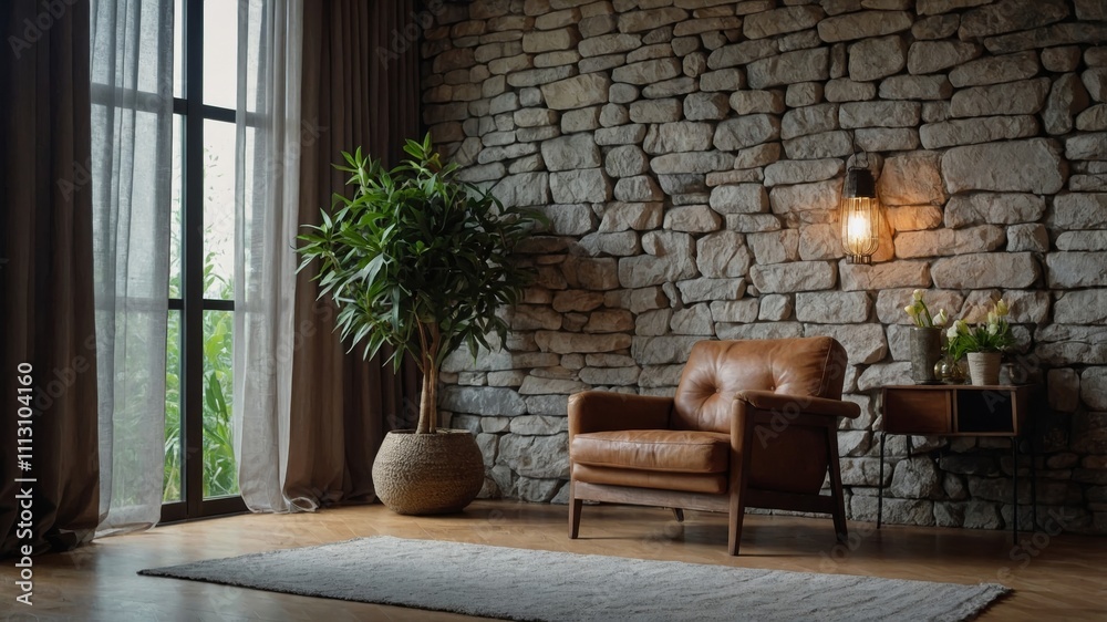 Stylish interior featuring stone wall and modern decor Stylish interior featuring stone wall and modern decor
