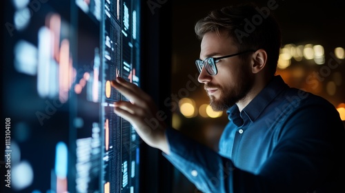 Professional analyzing data on a digital display at night in an urban setting with city lights in the background