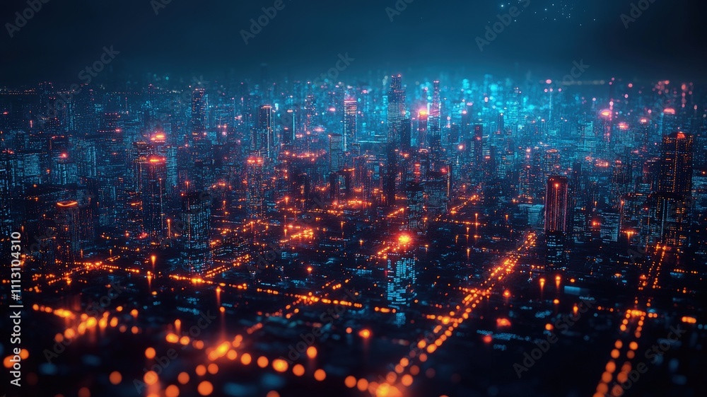 A vibrant, futuristic cityscape illuminated by neon lights at night.