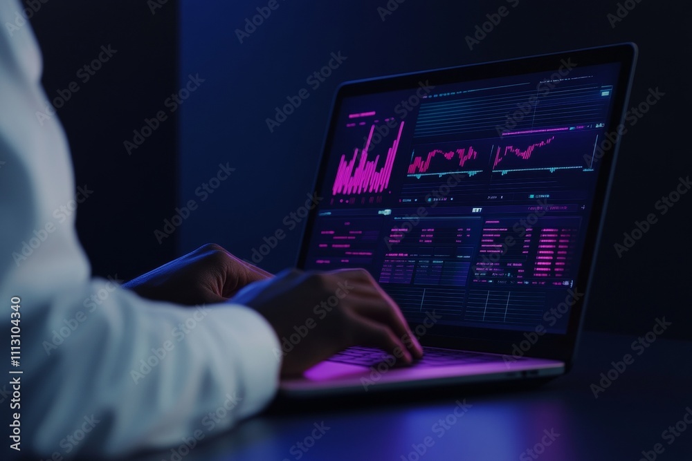 Fototapeta premium Caucasian male analyzing financial data on laptop with bright charts