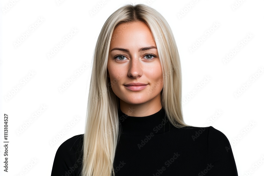Blonde caucasian young adult female with long hair and black sweater smiling Blonde caucasian young adult female with long hair and black sweater smiling