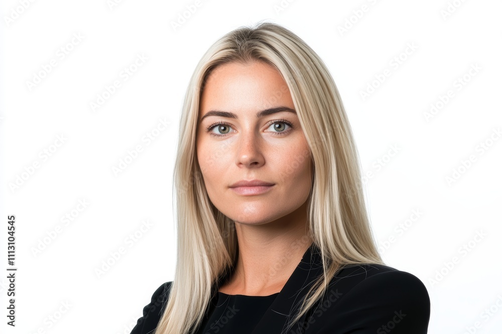 Confident young caucasian woman with blonde hair in black attire on white background Confident young caucasian woman with blonde hair in black attire on white background
