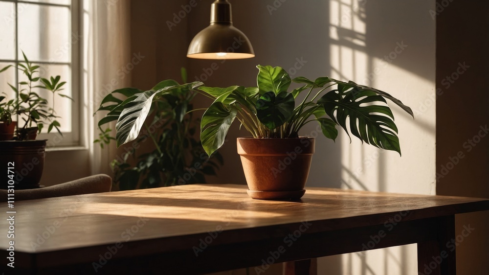 Sunlit wood table with leaf shadow and plant Sunlit wood table with leaf shadow and plant