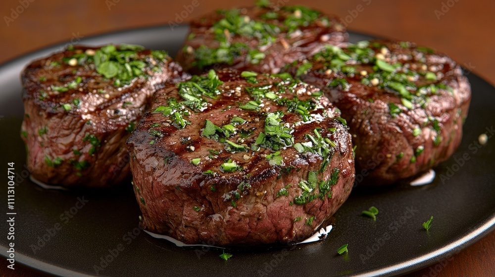 Grilled beef steaks garnished with herbs on a black plate. Grilled beef steaks garnished with herbs on a black plate.