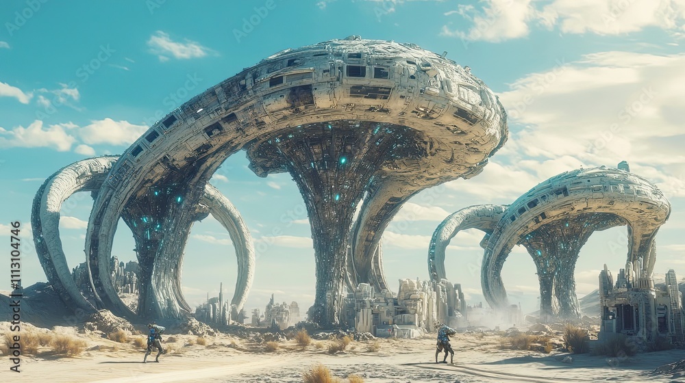 Fototapeta premium Futuristic Desert City with Giant Mushroom Structures