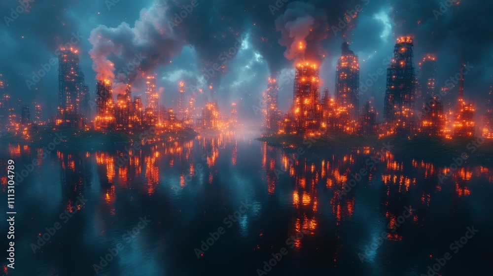 Fototapeta premium Smokestacks emitting dense smoke over a lush green landscape illustrate the clash between industrial progress and environmental conservation.
