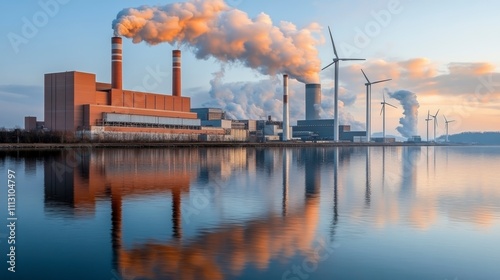 A wind farm adjacent to a traditional coal-powered plant symbolizes the transition from harmful practices to eco-friendly industrial solutions.