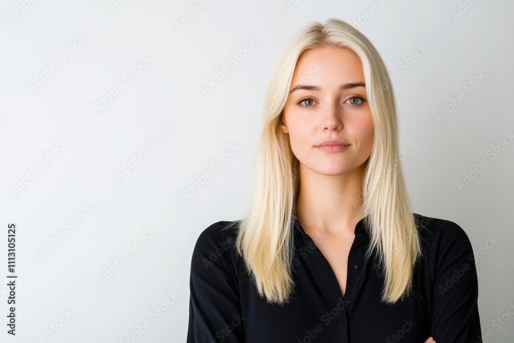 Confident young caucasian female in black shirt standing against white background Confident young caucasian female in black shirt standing against white background