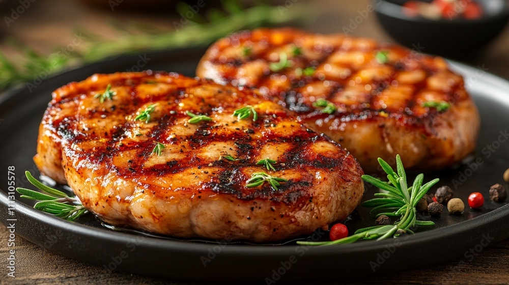 Grilled pork chops garnished with herbs on a black plate, showcasing a delicious meal. Grilled pork chops garnished with herbs on a black plate, showcasing a delicious meal.