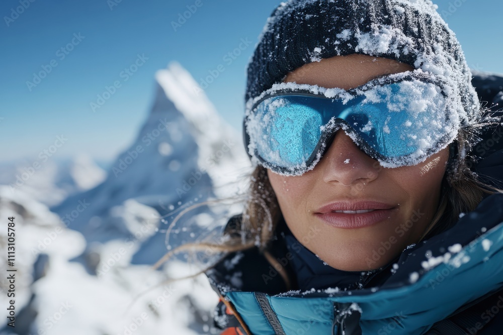A female climber wearing blue goggles stands proudly against majestic mountain peaks, showcasing the thrill and beauty of adventurous winter sports. A female climber wearing blue goggles stands proudly against majestic mountain peaks, showcasing the thrill and beauty of adventurous winter sports.
