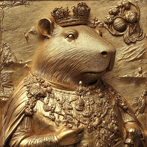 A golden rodent wearing a crown and ornate robes, looking regal and majestic. photo